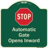 Signmission Designer Series-Stop Automatic Gate Opens Inward With Symbol, 18" x 18", G-1818-9885 A-DES-G-1818-9885
